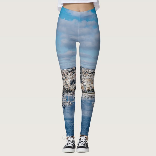 Legging Porto de Sliema com edifícios modernos e barcos (Frente)