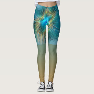 Legging Pouca flor Dourado azul moderna do Fractal da