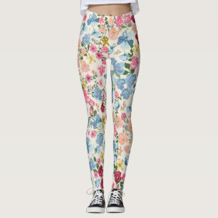 Legging Prado de Verão, padrão florescente de plantas.