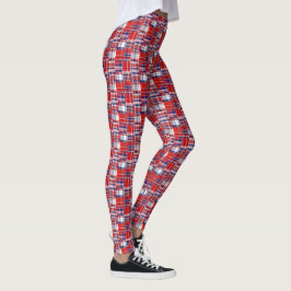 Legging Preppy Vermelho Branco Azul de Madras Estilo Xadre