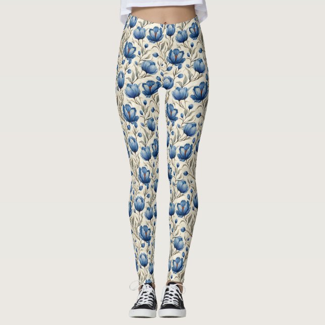 Legging Presente de Aniversário | Floral Azul Sem Costura (Frente)
