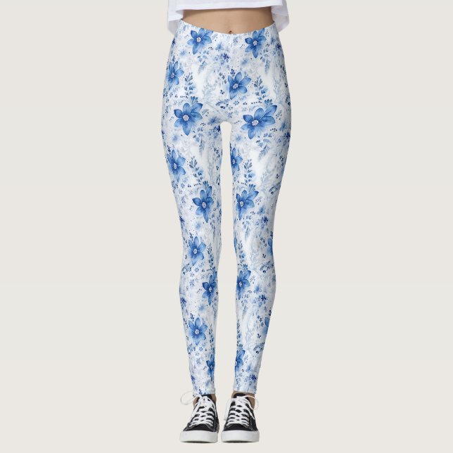 Legging Presente de Aniversário | Floral Com Flores Azuis  (Frente)
