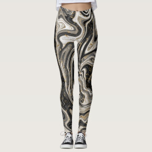 Legging Preto Branco e Dourado Chic Swirl Moderno Abstrato