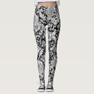 Legging Preto Branco Padrão Floral Sem Costura Vintage (6)