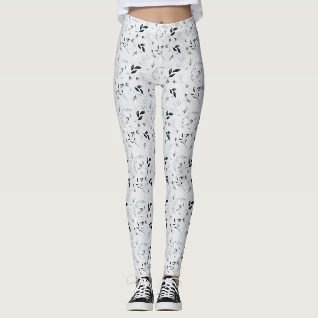 Legging Preto Branco Prata Cinza Folhas Florais  (Frente)