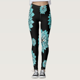 Legging preto com design azul da flor da cerceta