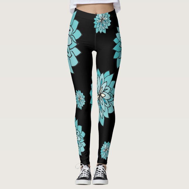 Legging preto com design azul da flor da cerceta (Frente)