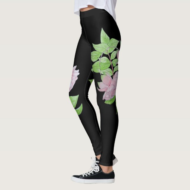 Legging preto com padrão floral cor-de-rosa forte (Esquerda)