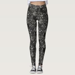 Legging Preto com Padrão Floral de rendas de Cinza Claro