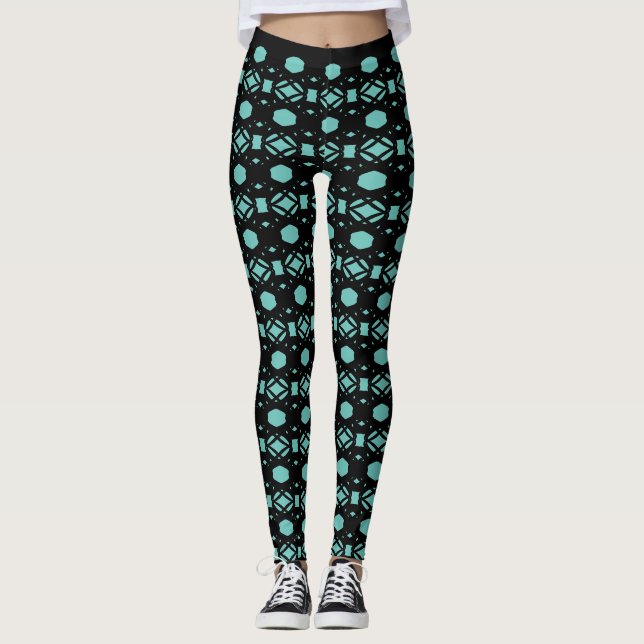 Legging Preto e Azul Turquesa Hexágono Padrão Geométrico (Frente)