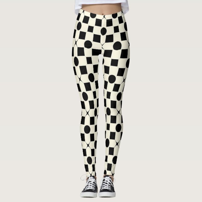 Legging ⚫ Preto e Branco Geo Glow ✨ Padrão de Círculos Mod (Frente)