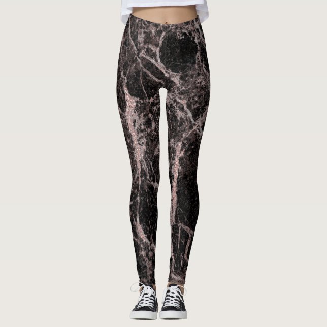 Legging Preto e Rosa Ouro Rosa Brilho Mármore Glam Moderno (Frente)