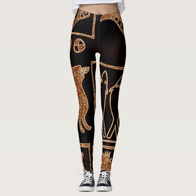 Legging Preto/motivo africano de Brown em caneleiras (Frente)