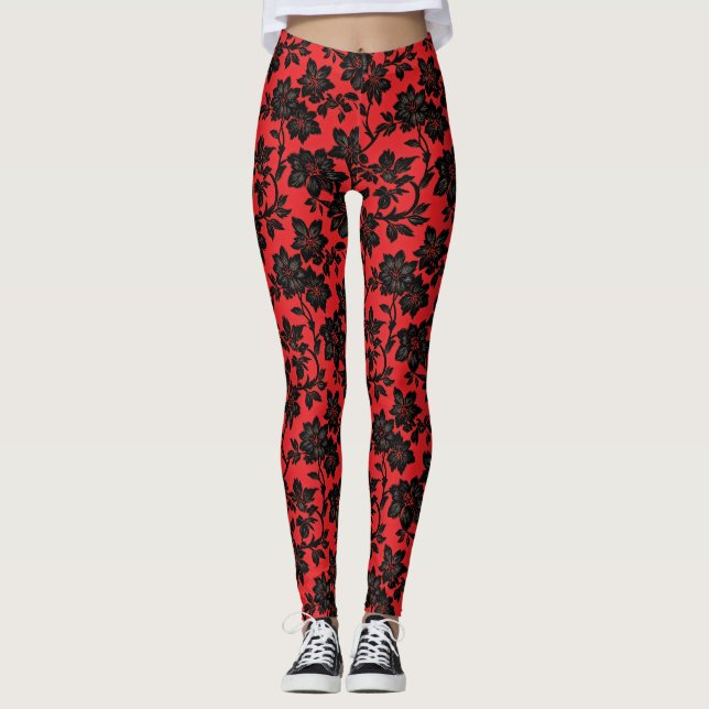 Legging Preto Padrão Floral Vermelho (Frente)