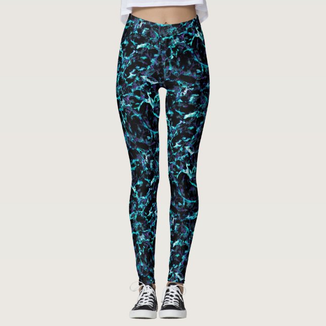 Legging Preto Roxo & Azul Aquamarinho Elétrico Chocante (Frente)