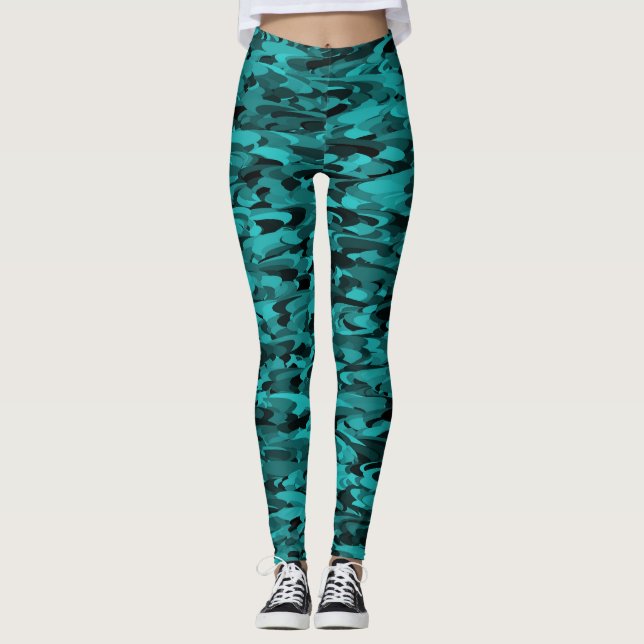 Legging Preto-Teal do Padrão abstrato (Frente)