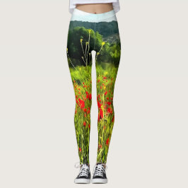 Legging Primavera Poppies Meadow e Mountain Landscape