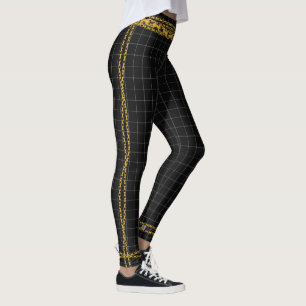Legging Princesa Dourada Cadeia Preta Xadrez Branco Tartan
