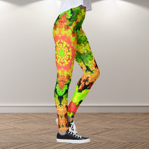 Legging Psicodélico Flor de Hippie Verde Laranja e Vermel