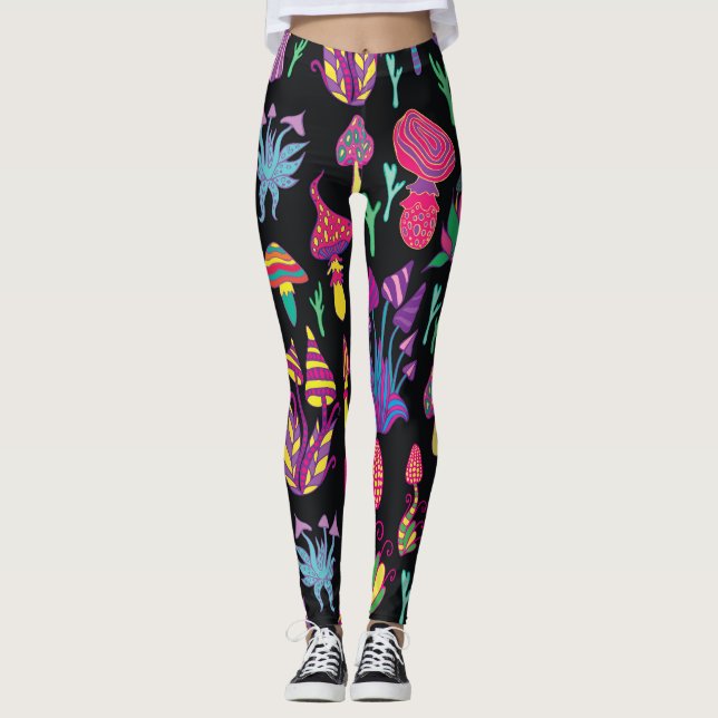 Legging Psicodélicos Cogumelos Arco-Íris Padrão (Frente)
