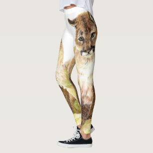 Legging Puma engraçado de Cub da aguarela, puma, leão de