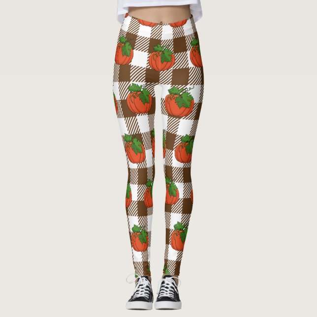Legging Pumpkin Laranja no Padrão Marrom Branco Verificado (Frente)
