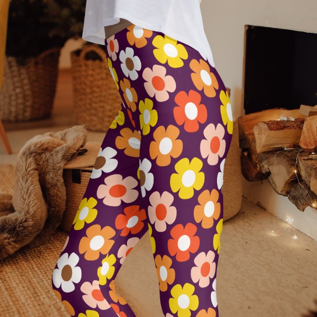 Legging Púrpura das flores de outono retrô (Criador carregado)