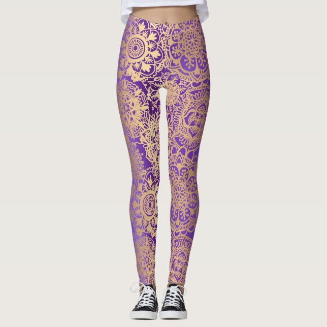 Legging Púrpura e Dourada Boho Mandala Padrão Yoga (Frente)