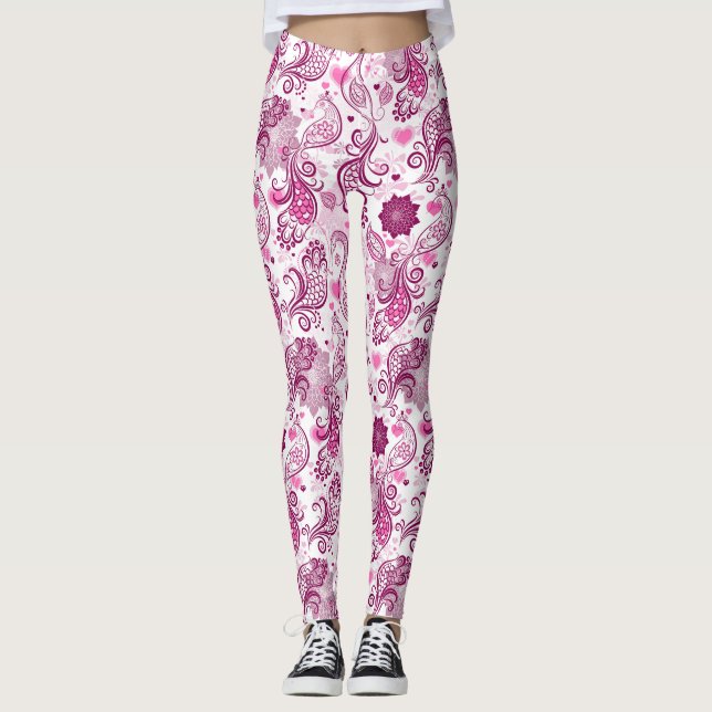 Legging Púrpura E Pássaro Rosa Padrão (Frente)