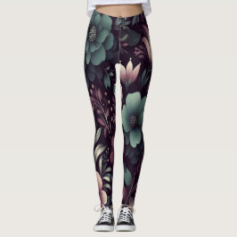 Legging Púrpura Escura e Flores Verdes