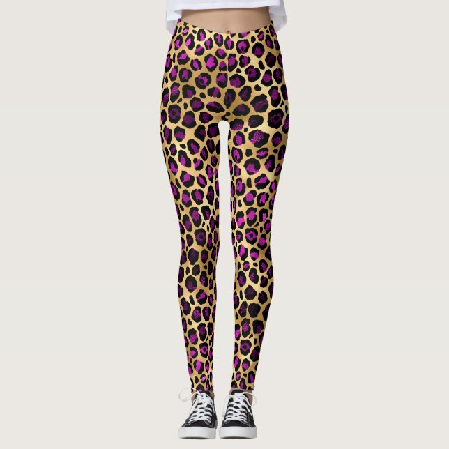 Legging Púrpura na moda e manchas-leopardo-douradas (Frente)
