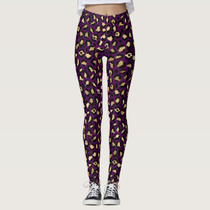 Legging Púrpura na moda e manchas-leopardo-douradas