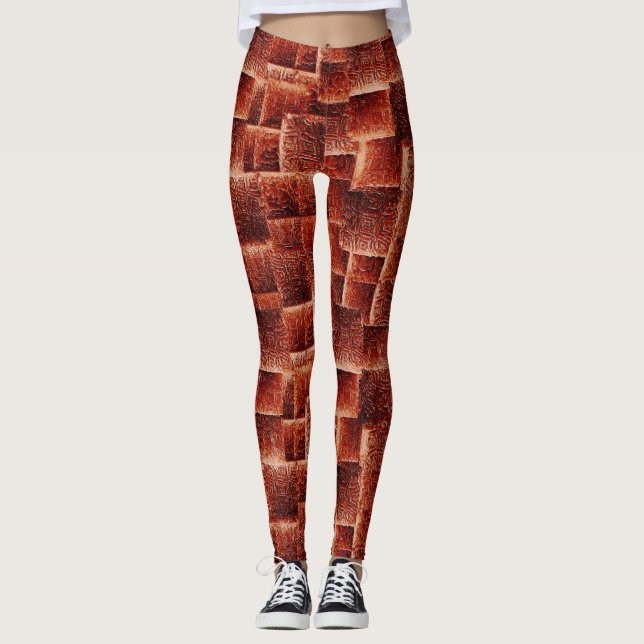 Legging Quadrados com textura de parede vermelha escura e  (Frente)
