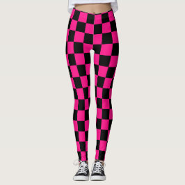 Legging Quadrados xadrez rosa quente preto geométrico retr