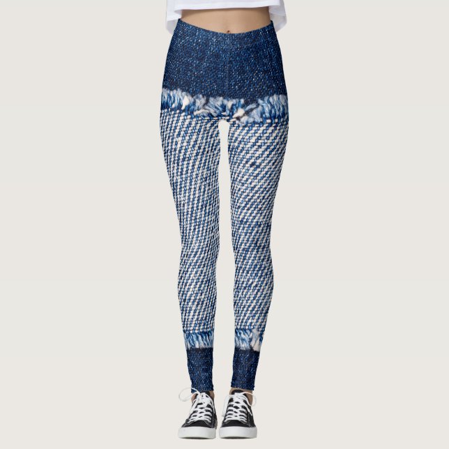Legging Quadro de jeans azuis com borda denim. (Frente)