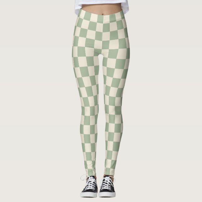 Legging Quadro de Verificação Branco Verde e Desligado (Frente)
