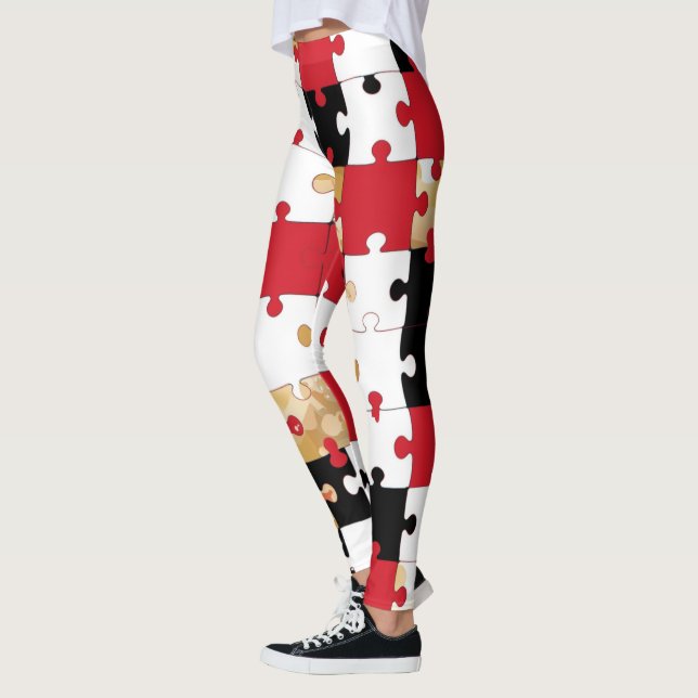 Legging Quebra-cabeça Padrão Vermelho Preto Dourado  (Esquerda)