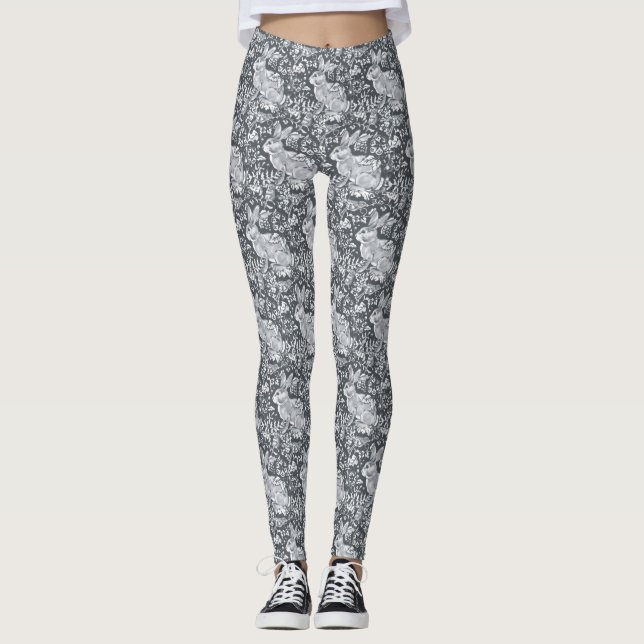 Legging Rabbit Padrão Cinza Pássaro Branco Floral Casual (Frente)