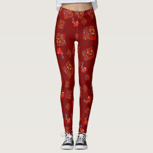 Legging Rabbits vermelhos escuros 福 bênçãos chineses