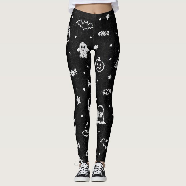 Legging Rabiscos de Halloween Preto e Branco (Frente)