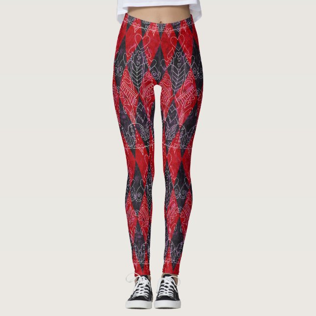 Legging Rainha dos Corações Harlequin Red Black White (Frente)