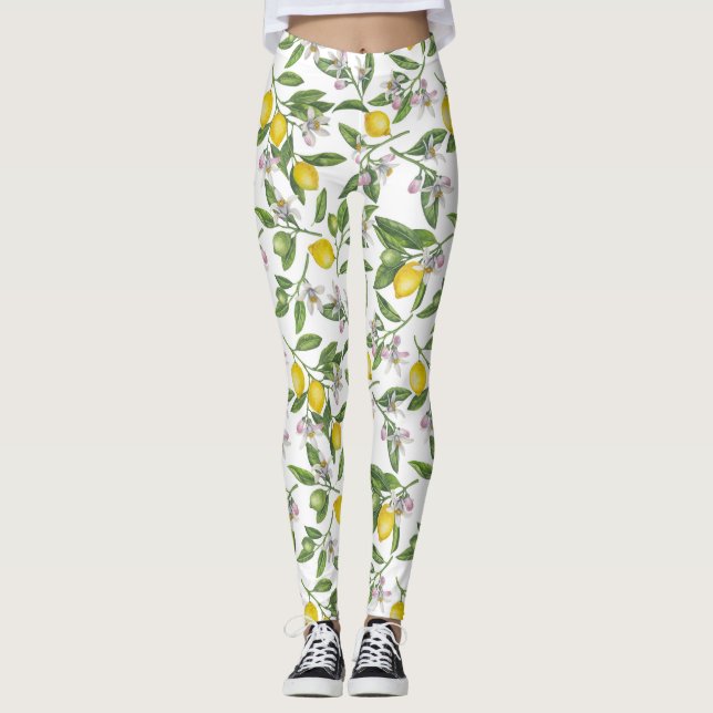 Legging Ramos de limão com flores e fruta em branco (Frente)