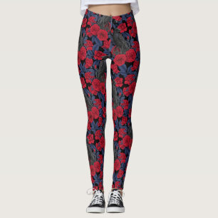 Legging Ravens e rosas com folhas azuis escuras