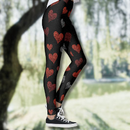 Legging Red Burgundy Silver Glitter Hearts on Black