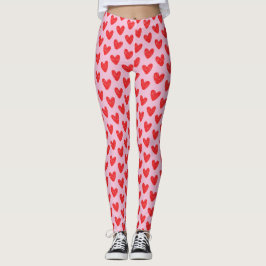 Legging Red Hand-Drawn Doodle Hearts Pattern on Pastel Pin