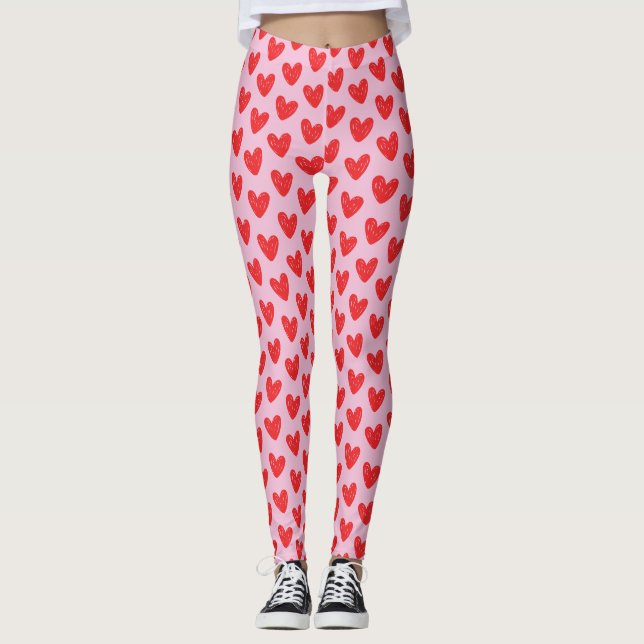 Legging Red Hand-Drawn Doodle Hearts Pattern on Pastel Pin (Frente)