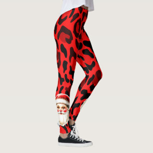 Legging Red Leopardo Imprime Retro Papai Noel Natal