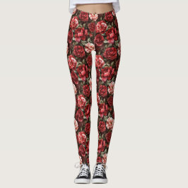 Legging Red Pink Rose Flowers