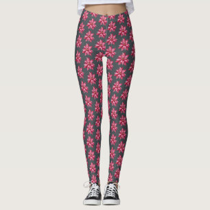 Legging Red Poinsetta Padrão Natal Floral Negro