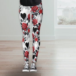 Legging Red Roses and Black Hearts Romantic Patterned